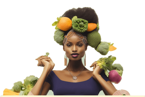 Beautiful Black Young Lady with Healthy Fruits & Vegetables