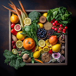 An open gift basket of herbs, fruits, and vegetables.