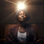 Black woman generating light energy from the third-eye region of her for forehead.